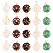 20Pcs 5 Styles Natural Mixed Stone Copper Wire Wrapped Pendants, Natural Red Rainbow Jasper & Quartz Crystal & Green Aventurine & Rose Quartz & Tiger Eye, Flat Round with Heart Charm, Real 18K Gold Plated, 22x16x5.5mm, Hole: 3~4.5mm, 4pcs/style(FIND-DC0001-51)