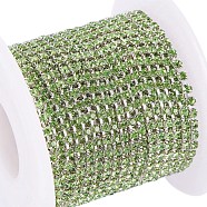 Brass Rhinestone Strass Chains, with Spool, Rhinestone Cup Chain, about 2880pcs Rhinestone/bundle, Grade A, Silver Color Plated, Peridot, 2mm, about 10yards/roll(CHC-R125-S6-02S)