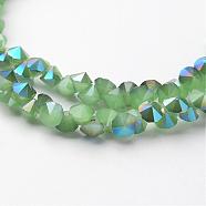 Electroplate Glass Bead Strands, Imitation Jade, Half Rainbow Plated, Faceted, Diamond, Light Green, 4x4mm, Hole: 1mm, about 143pcs/strand, 11.8 inch(EGLA-J138-A-HR05)