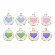 Alloy Enamel Pendants, Light Gold, Cadmium Free & Nickel Free & Lead Free, Flat Round with Heart, Mixed Color, 18x15x1.5mm, Hole: 1.6mm(PALLOY-S181-039-NR)