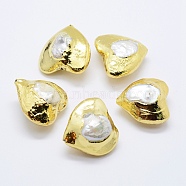 Natural Cultured Freshwater Pearl Beads, Edge Golden Plated, Heart, White, 28~30x27.5~30x15~21mm, Hole: 1mm(PEAR-F006-78G)