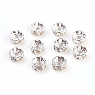 Brass Rhinestone Spacer Beads, Grade A, Straight Flange, Silver Color Plated, Rondelle, Crystal, 7x3.2mm, Hole: 1.2mm(RB-A014-Z7mm-01S)