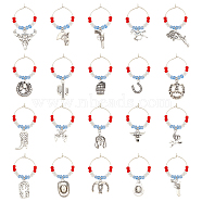 20Pcs 20 Style Cowboy Theme Alloy Wine Glass Charms with Glass Beads, with Brass Hoop Earring Findings, Double Gun & Hat & Boots & Cactus Shape, Antique Silver, 43~58mm, Pin: 0.8mm, 1pc/style(AJEW-BC0003-77)