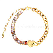 Stainless Steel Link Bracelets, with Colorful Rhinestone, Heart, 5-1/8 inch(13cm)(SO5298-3)