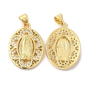 Brass Micro Pave Clear Cubic Zirconia Pendants, Oval with Holy Virgin Charms, Real 16K Gold Plated, 23x16.5x3.5mm, Hole: 4.5x3.5mm(ZIRC-L103-001G)