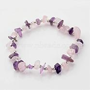 Gemstone Stretch Bracelets, with Iron Findings, Silver Color Plated Natural Amethyst and Rose Quartz Beads, Purple and Pink, 55mm(BJEW-JB02414-04)
