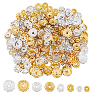 HOBBIESAY 240Pcs 8 Styles Iron & Brass Rhinestone Spacer Beads, Waves Edge, Rondelle, Golden & Silver, 6~12x3~10mm, Hole: 1.5~2.5mm, 30Pcs/style(FIND-HY0002-96)