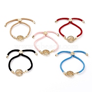 Adjustable Nylon Twisted Cord Slider Bracelets, Link Bracelets, with Brass Micro Pave Cubic Zirconia Links and Brass Beads, Flat Round with Tree of Life, Golden, Mixed Color, Inner Diameter: 3/8~2-3/8 inch(1~6cm)(BJEW-JB05857)