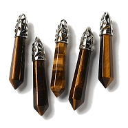 Natural Tiger Eye Pointed Big Pendants, Faceted Bullet Charms with Rack Plating Platinum Plated Brass Findings, 56~65x11~11.5x10~10.5mm, Hole: 4X3mm(G-Z055-01P-17)