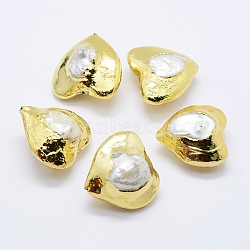 Natural Cultured Freshwater Pearl Beads, Edge Golden Plated, Heart, White, 28~30x27.5~30x15~21mm, Hole: 1mm(PEAR-F006-78G)