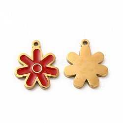 Ion Plating(IP) 304 Stainless Steel Charms, with Enamel, Flower, Red, 14x12x1mm, Hole: 1.2mm(STAS-F291-07G-03)