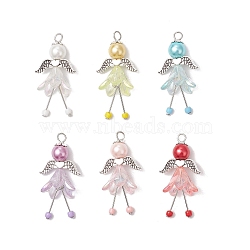 Alloy Acrylic Angel Pendants, with Glass Round Beads, Antique Silver & Platinum, Mixed Color, 40~42x20x16.5mm, Hole: 3mm, 6pcs/set(PALLOY-JF04141)
