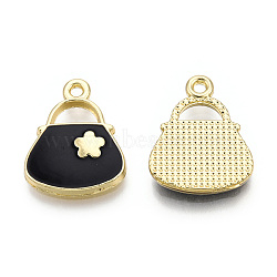 Rack Plating Alloy Enamel Pendants, Cadmium Free & Nickel Free & Lead Free, Light Gold, Handbag Charm with Flower, Black, 18.5x14.5x2mm, Hole: 1.5mm(PALLOY-T077-212A)