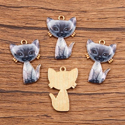 Alloy Enamel Pendants, Light Gold, Cat Charm, Gray, 26x17mm(PW-WG58441-10)