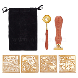 DIY Scrapbook Making Kits, Including 1Pc Pear Wood Handle, 4Pcs 4 Pattern Brass Wax Seal Stamp Head, 1Pc Brass Wax Sticks Melting Spoon, Mixed Patterns, 2.5x2.5x1.4cm, 1pc/pattern(DIY-CP0005-51)