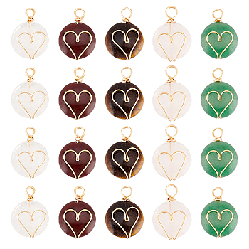 20Pcs 5 Styles Natural Mixed Stone Copper Wire Wrapped Pendants, Natural Red Rainbow Jasper & Quartz Crystal & Green Aventurine & Rose Quartz & Tiger Eye, Flat Round with Heart Charm, Real 18K Gold Plated, 22x16x5.5mm, Hole: 3~4.5mm, 4pcs/style