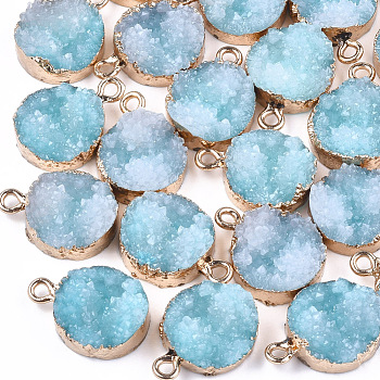 Electroplate Druzy Resin Pendants, with Iron Findings, Flat Round, Light Gold, Medium Turquoise, 17~18x13.5x6mm, Hole: 1mm