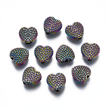 Rack Plating Rainbow Color Alloy Beads, Cadmium Free & Nickel Free & Lead Free, Bumpy, Heart, 7x7.5x3mm, Hole: 1.4~1.5mm