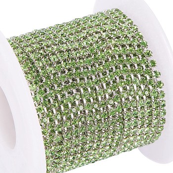 Brass Rhinestone Strass Chains, with Spool, Rhinestone Cup Chain, about 2880pcs Rhinestone/bundle, Grade A, Silver Color Plated, Peridot, 2mm, about 10yards/roll