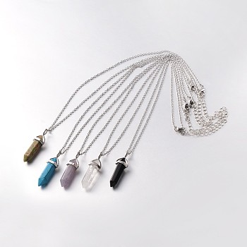 Brass Gemstone Bullet Pendant Necklaces, with 316 Surgical Stainless Steel Cable Chains and Brass Lobster Claw Clasps, Platinum, 18.1 inch