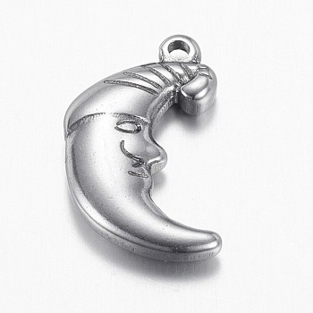 304 Stainless Steel Pendants, Moon, Stainless Steel Color, 19.5x11.5x3.5mm, Hole: 1mm