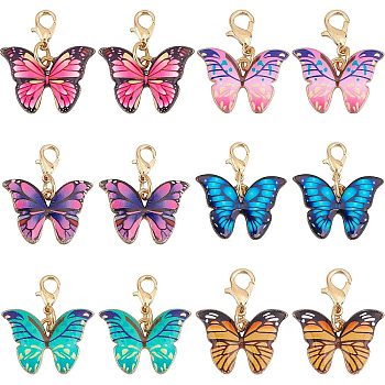 24Pcs 6 Colors  Butterfly Alloy Enamel Pendant Decorations, Lobster Clasps Charms, for Keychain, Purse, Backpack Ornament, Mixed Color, 28mm, Butterfly: 15.5x22x2mm, 4pcs/color