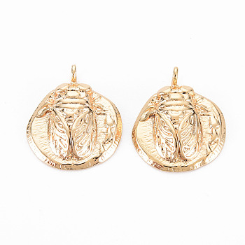 Brass Pendants, Nickel Free, Flat Round with Cicada, Real 18K Gold Plated, 16.5x14x3.5mm, Hole: 1.6mm
