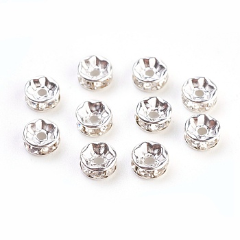 Brass Rhinestone Spacer Beads, Grade A, Straight Flange, Silver Color Plated, Rondelle, Crystal, 7x3.2mm, Hole: 1.2mm