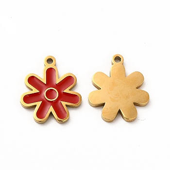 Ion Plating(IP) 304 Stainless Steel Charms, with Enamel, Flower, Red, 14x12x1mm, Hole: 1.2mm