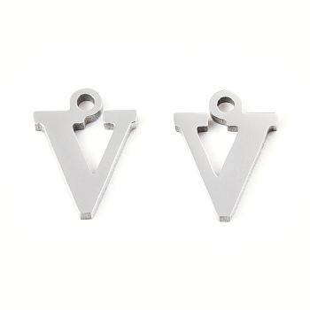 201 Stainless Steel Charms, Alphabet, Letter.V, 8.5x6.5x1mm, Hole: 1mm