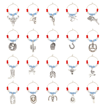 20Pcs 20 Style Cowboy Theme Alloy Wine Glass Charms with Glass Beads, with Brass Hoop Earring Findings, Double Gun & Hat & Boots & Cactus Shape, Antique Silver, 43~58mm, Pin: 0.8mm, 1pc/style