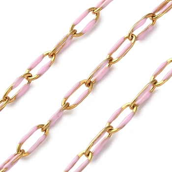 304 Stainless Steel Enamel Cable Chains, Soldered, with Spool, Ion Plating(IP), Real 18K Gold Plated, Pearl Pink, 6.5x3x0.5mm, about 32.81 Feet(10m)/Roll