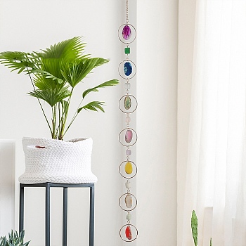 Iron & Brass & Crystal Glass Sun Catcher Pendants, Flat Round Charms, with Natural Agate Rainbow Maker, DIY Garden & Home Decoration, Light Gold, Colorful, 820x60mm