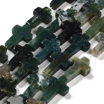 Natural Moss Agate Beads Strands, Cross, 14.5x11x4.5mm, Hole: 0.8mm, about 27pcs/strand, 15.35''(39cm)