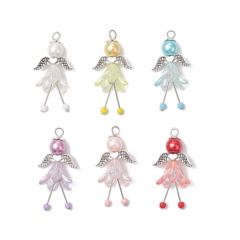 Alloy Acrylic Angel Pendants, with Glass Round Beads, Antique Silver & Platinum, Mixed Color, 40~42x20x16.5mm, Hole: 3mm, 6pcs/set