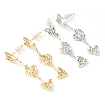 Brass Micro Pave Clear Cubic Zirconia Dangle Stud Earrings, with Ear Nuts, Arrow & Heart, Mixed Color, 37mm, Pin: 0.6mm