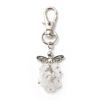 Natural Quartz Crystal Beaded Cluster Pendant Decorates, with Swivel Clasps, Lobster Clasp Charms, Clip-on Charms, for Keychain, Purse, Backpack Ornament, Stitch Marker, Wings, 67~68mm