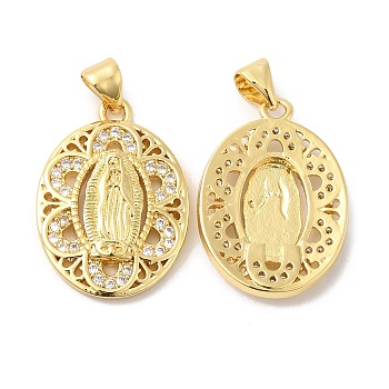 Brass Micro Pave Clear Cubic Zirconia Pendants, Oval with Holy Virgin Charms, Real 16K Gold Plated, 23x16.5x3.5mm, Hole: 4.5x3.5mm