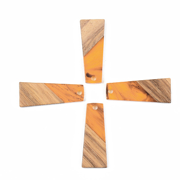 Resin & Walnut Wood Pendants, Trapezoid, Orange, 30x12x3mm, Hole: 2mm