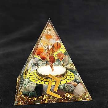 Viking Rune Symbol-Harvest Orgonite Pyramid Resin Display Decorations, with Natural Gemstone Chips Inside, for Home Office Desk, 50~60mm