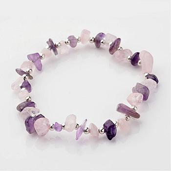 Gemstone Stretch Bracelets, with Iron Findings, Silver Color Plated Natural Amethyst and Rose Quartz Beads, Purple and Pink, 55mm