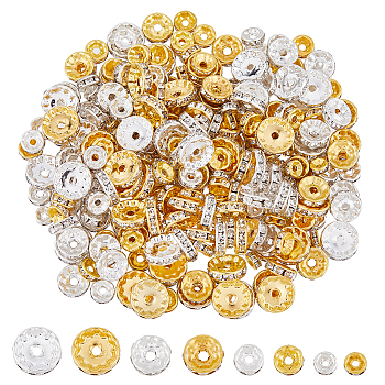 HOBBIESAY 240Pcs 8 Styles Iron & Brass Rhinestone Spacer Beads, Waves Edge, Rondelle, Golden & Silver, 6~12x3~10mm, Hole: 1.5~2.5mm, 30Pcs/style