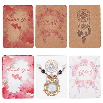 120Pcs 6 Styles Paper Necklace Display Cards, Rectangle with Woven Net/Web with Feather & Rose & Word Pattern, Mixed Color, 6.95~7x5x0.04~0.05cm, 20pcs/style