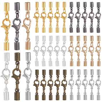 48Pcs 6 Colors Brass Lobster Claw Clasps, with Cord Ends, Mixed Color, 35mm, 8pcs/color