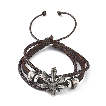 PU Leather & Waxed Cords Triple Layer Multi-strand Bracelets, Braided Adjustable Bracelet Alloy Leaf, Coconut Brown, Inner Diameter: 2-3/8~3-1/8 inch(5.9~8cm)