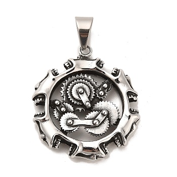 Tibetan Style 304 Stainless Steel Pendants, Flat Round with Toothed Gear, Antique Silver, 45x40x7mm, Hole: 10.5x7.5mm