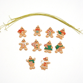 Christmas Theme Plastic Pendant Decorations, with Rope, Gingerbread Man, Sandy Brown, 40~41x26~30x3.2~3.5mm, Hole: 3mm, 10pcs/set