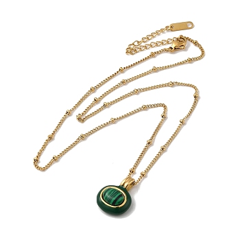 Natural Malachite Enamel Oval Pendant Necklace, with Real 18K Gold Plated Titanium Steel Satellite Chains, 16.54 inch(42cm)