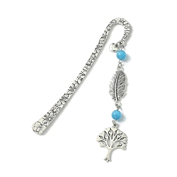 Tree of Life Feather Tibetan Style Alloy Pendant Bookmark with Cat Eye, Tibetan Style Hook Bookmarks, Deep Sky Blue, 123x20mm