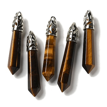 Natural Tiger Eye Pointed Big Pendants, Faceted Bullet Charms with Rack Plating Platinum Plated Brass Findings, 56~65x11~11.5x10~10.5mm, Hole: 4X3mm